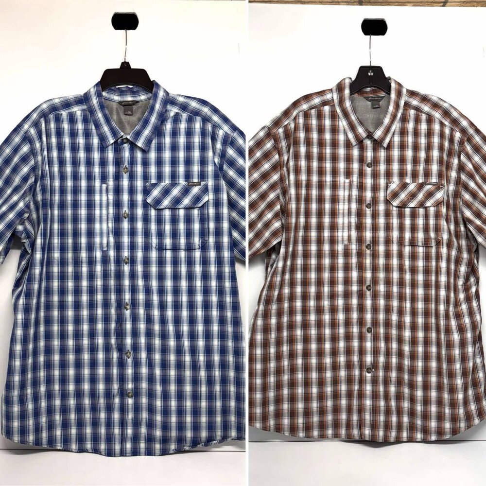 Eddie Bauer Men's Shirts (2) Blue/Brown Plaid Short Sleeve Button Up Vented